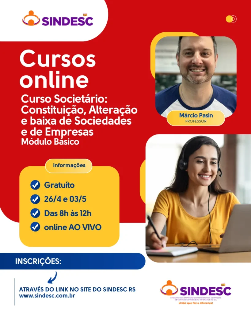 Sindesc RS oferece curso gratuito sobre Constituição, Alteração e Baixa de Sociedades e Empresas